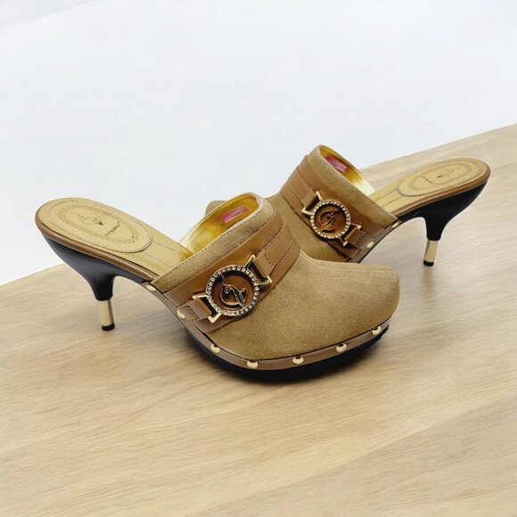 Baby Phat Tan Suede Mule Heels Gold Logo Buckle Rhinestone Studded Shoes sz 9 - Picture 1 of 7